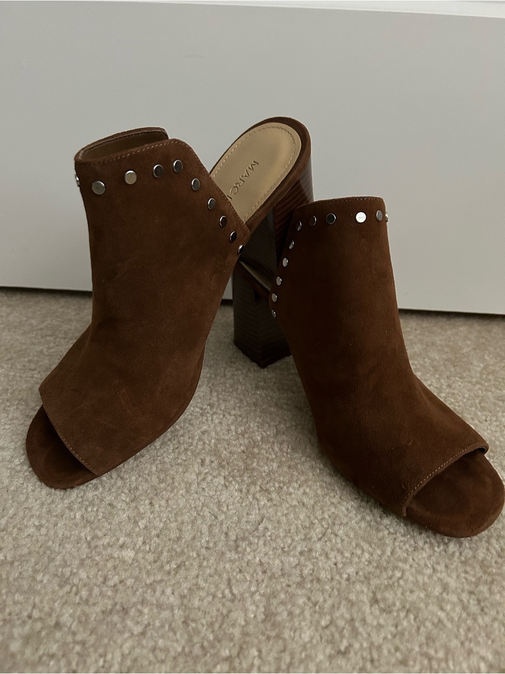Marc Fisher Brown Suede Studded Open-Toe BlockHeeled Mules 7 1/2